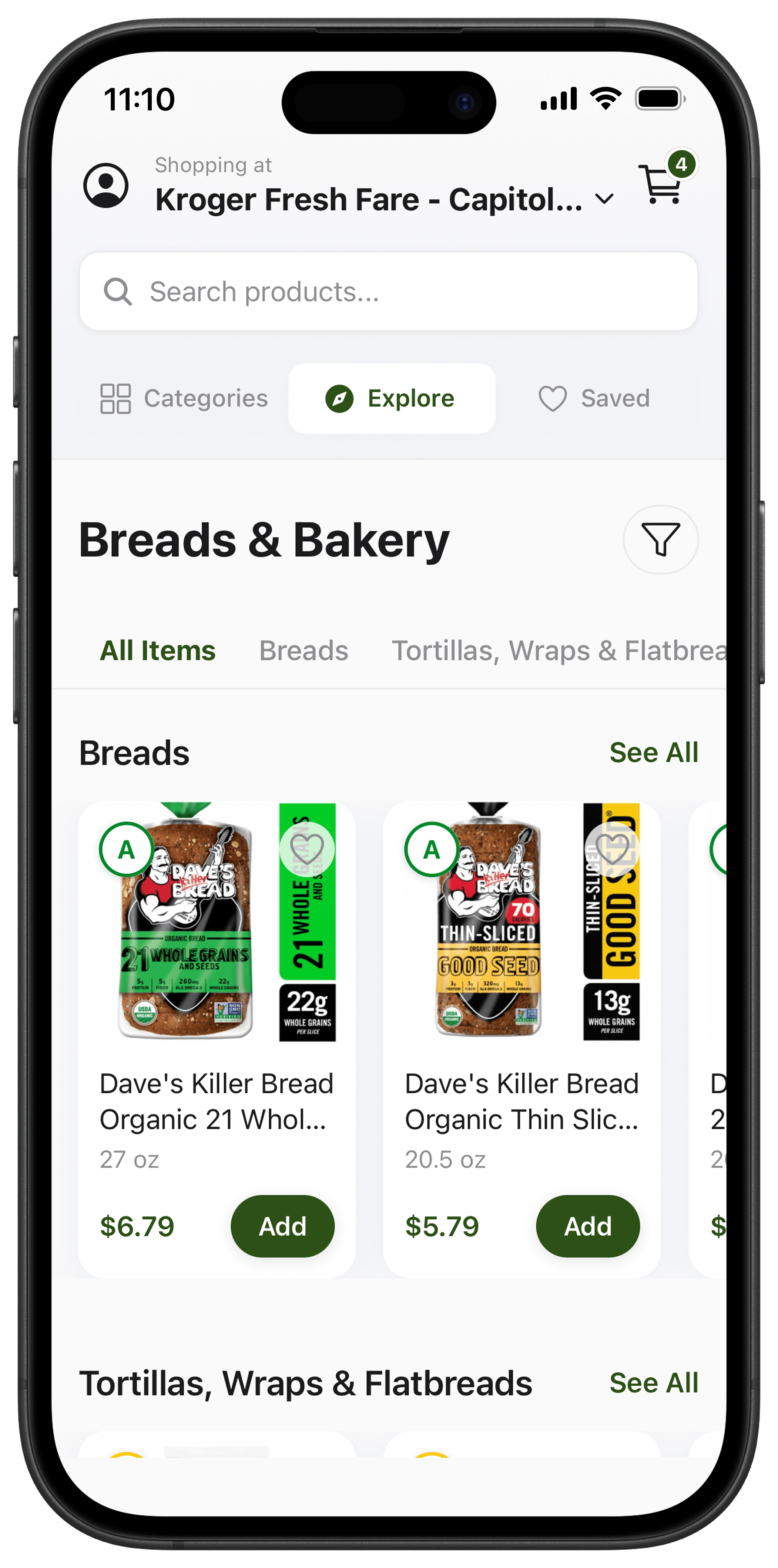 The Lor App showing a list of healthy breads sorted by health score