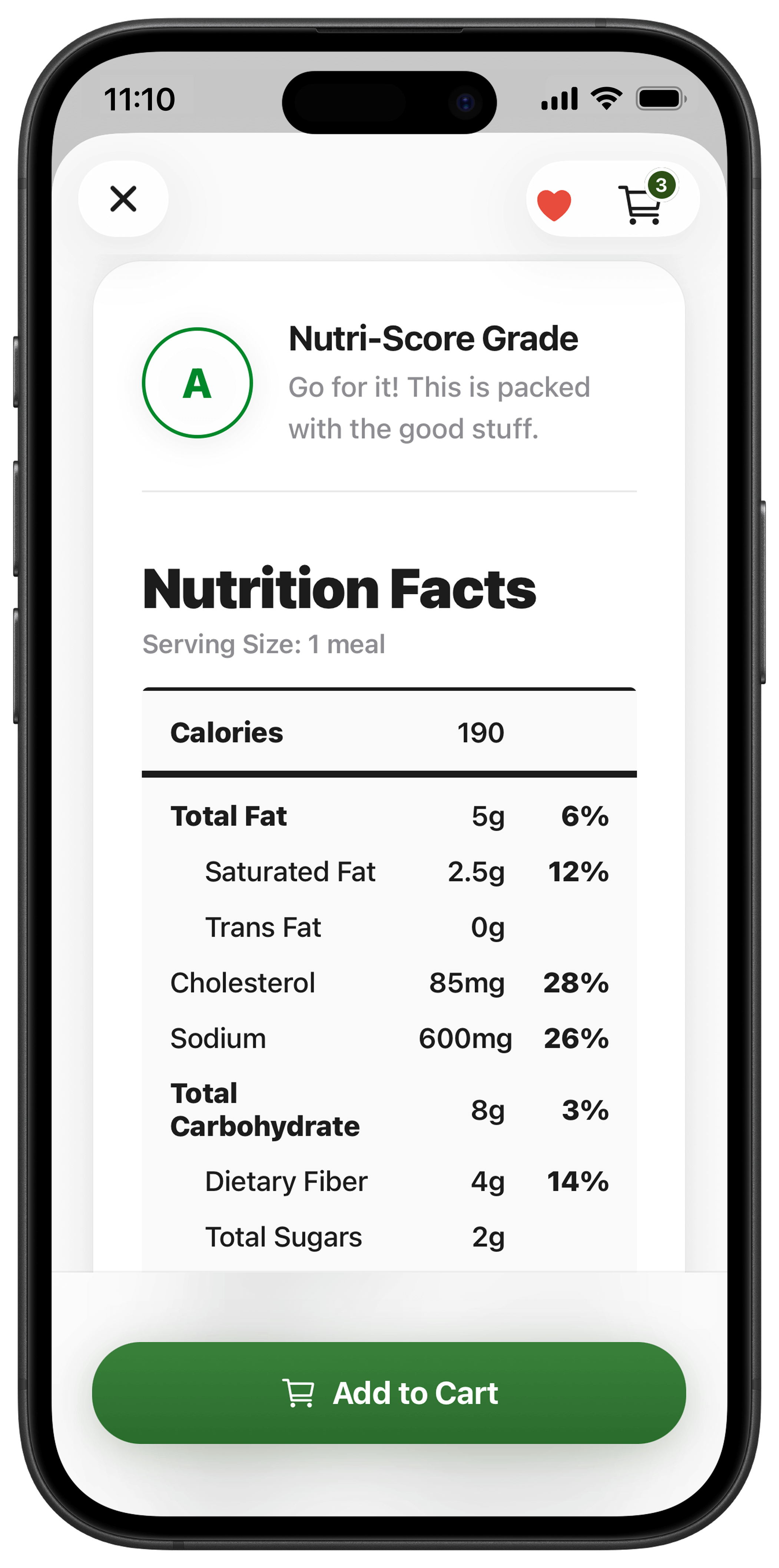 App screenshot showing detailed nutrition facts for a product